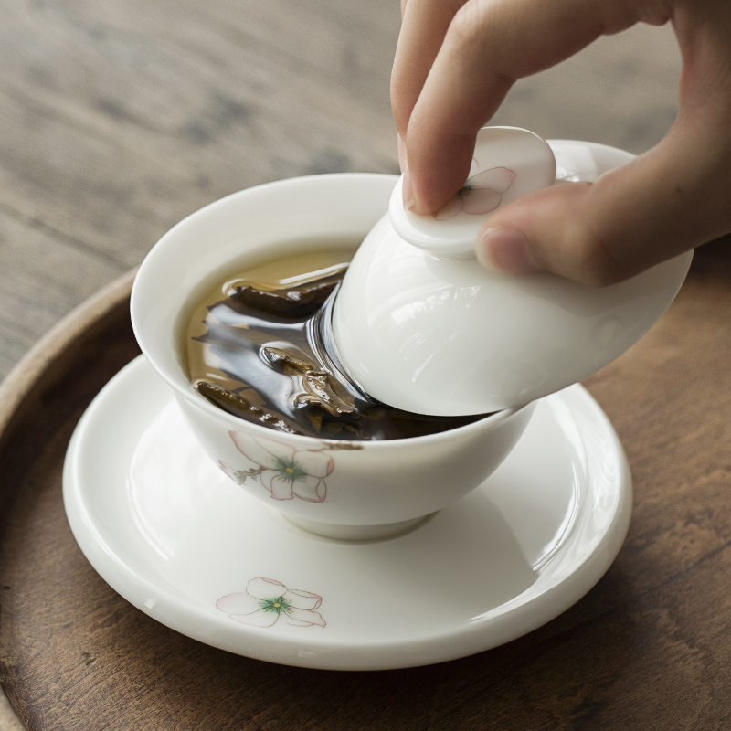 Plain film dehua white porcelain only three tureen tea bowl of Japanese kung fu tea set li, peach blossom put large tea cup