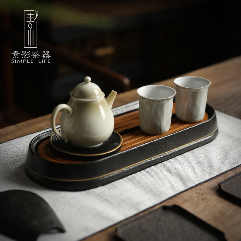 Plain film ceramic tea tray was Japanese water dry plate of creative mini bearing bamboo household pot tray was small tea table