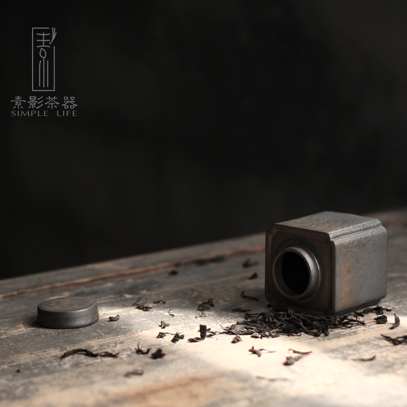 Plain film creative coarse pottery small caddy fixings ancient up circular storehouse, black iron gold square kung fu tea POTS