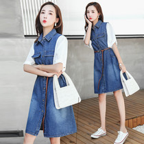 Denim skirt women 2021 summer wear new waist thin denim dress temperament fashion chiffon stitching shirt skirt