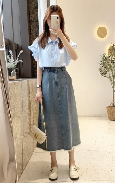 French ruffled short-sleeved shirt high-waisted denim skirt suit for women 2024 summer simple casual two-piece set