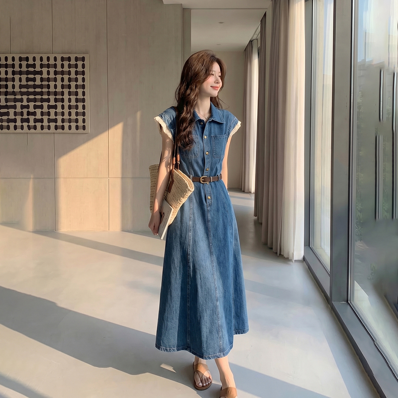 Denim Dress for Women, Summer Thin Style 2026 New Lace-Trimmed Shirt Dress, Mid-Length, Waist-Cinching, Elegant and Slimming Long Dress Denim Dress for Women, Summer Thin Style 2026 New Lace-Trimmed Shirt Dress, Mid-Length, Waist-Cinching, Elegant and Slimming Long Dress