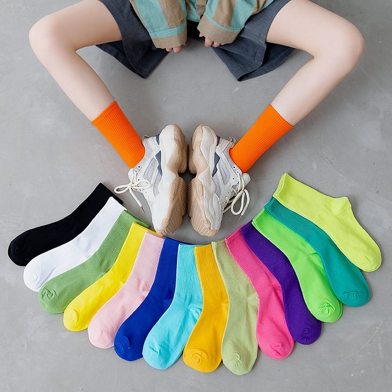 Calf-Length Socks, Pure Cotton Stockings, Colorful Sports and Fitness Trends 2024, Versatile Solid Color Candy-Colored Stacked Socks