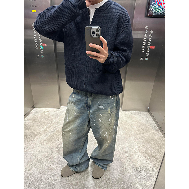 American-Style Splatter Paint Denim Jeans for Men, Wide-Leg Straight-Leg, Washed, Trendy, Mid-Waist, Long Pants, High Street, Niche, Loose Pants