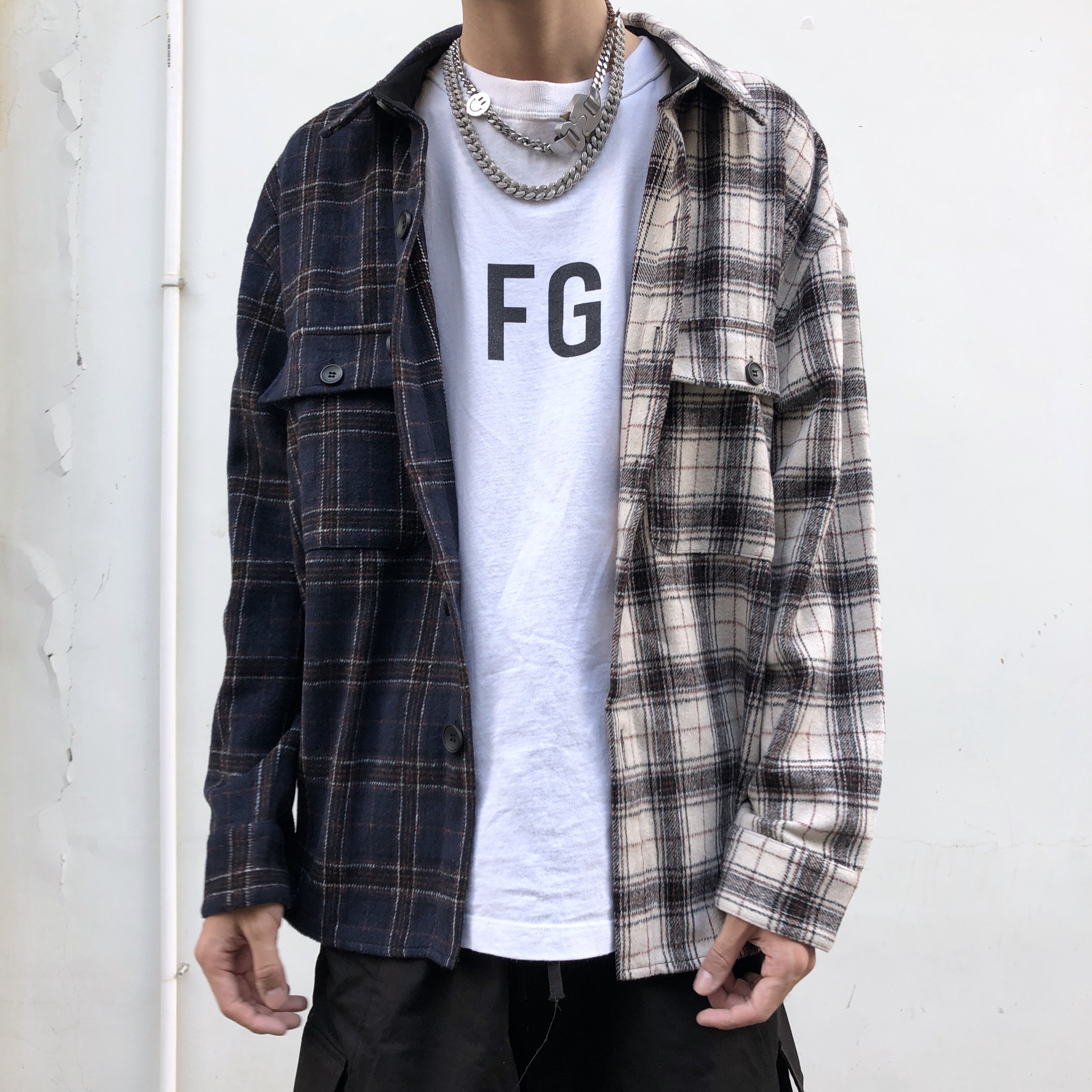 BONELESS retro patchwork check pocket contrast long sleeve casual shirt loose jacket Wang Yibo with the same paragraph