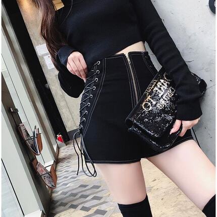 Net red bandage denim shorts women's 2022 summer new Hong Kong flavor chic high waist was thin wide leg a word short hot pants