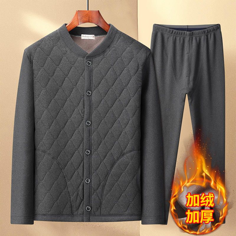 Dad middle-aged and elderly plus suede thickened button cardio-hoodie anti-chill warm underwear middle-aged men's cotton padded jacket with cotton pants-Taobao