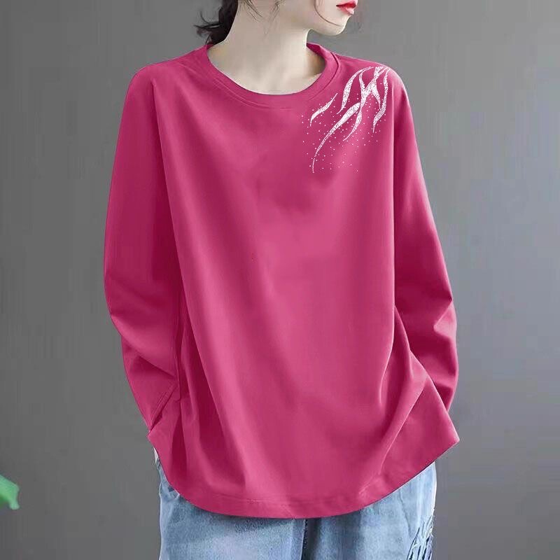 100kg Plus-Size Women's Pure Cotton Long-Sleeve T-Shirt, Korean Style, Loose Fit, Slimming, Mid-Length Base Shirt Top, Trendy for Spring and Autumn