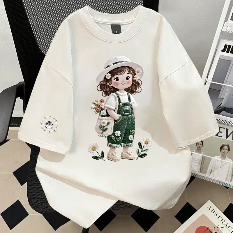 Cute Style Imitation Embroidery Girls' Pure Cotton Short-Sleeved T-Shirt for Women, New Summer Loose Fit, Slimming Mid-Length Versatile Top Cute Style Imitation Embroidery Girls' Pure Cotton Short-Sleeved T-Shirt for Women, New Summer Loose Fit, Slimming Mid-Length Versatile Top