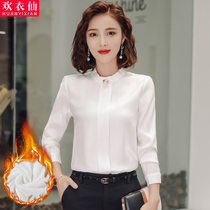 White shirt female retro port flavor long sleeve autumn and winter New plus velvet thickened loose shirt women wear Foreign style dress