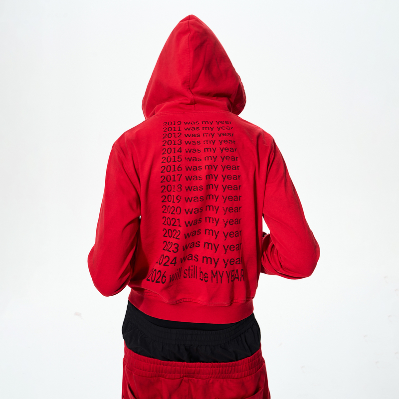 Fourth3Ex 26Ss 2026 Limited Edition Slogan Red Hooded Sweatshirt Men's Winter Printed Cardigan Jacket