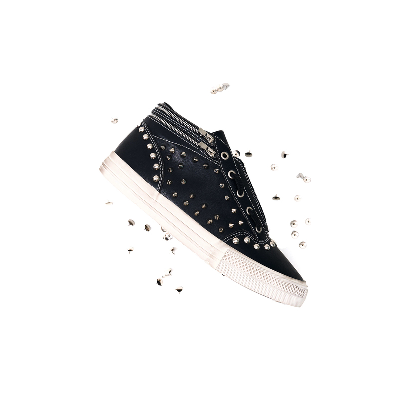 Fourth3Ex Subculture Studded Sneakers Men's Shoes Pu Leather Double-Layer Zipper Mid-Top Rivet Shoes Vulcanized Skateboard Shoes Fourth3Ex Subculture Studded Sneakers Men's Shoes Pu Leather Double-Layer Zipper Mid-Top Rivet Shoes Vulcanized Skateboard Shoes