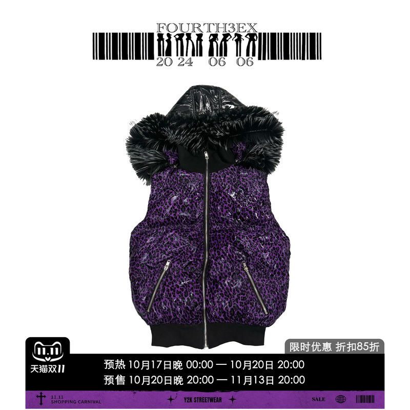 Fourth3Ex Subculture Leopard Print Fur Collar Hooded Vest Jacket for Men, Autumn and Winter, Lightweight Thickened Sleeveless Waistcoat
