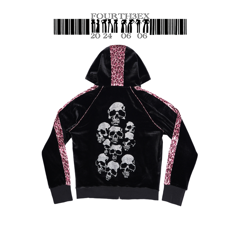 Fourth3Ex Leopard Print Velvet Hooded Sweatshirt Jacket for Men 2026 New Style Light Skull Rhinestone Jacket