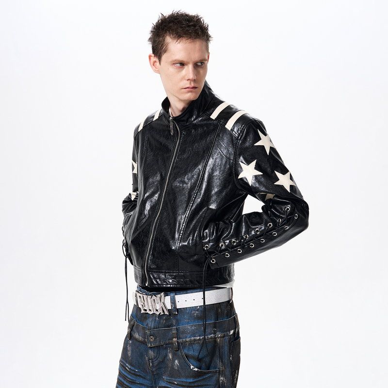 Fourth3Ex 26Ss Pentagram Short Leather Jacket for Men, Spring Season, Drawstring Motorcycle Style, Cool and Stylish