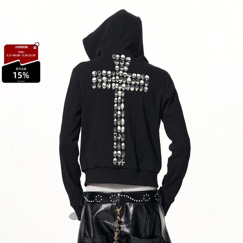 Fourth3Ex 25Fw Skull Cross Zipper Sweatshirt Jacket Men's Autumn and Winter Street Black Hoodie Fourth3Ex 25Fw Skull Cross Zipper Sweatshirt Jacket Men's Autumn and Winter Street Black Hoodie