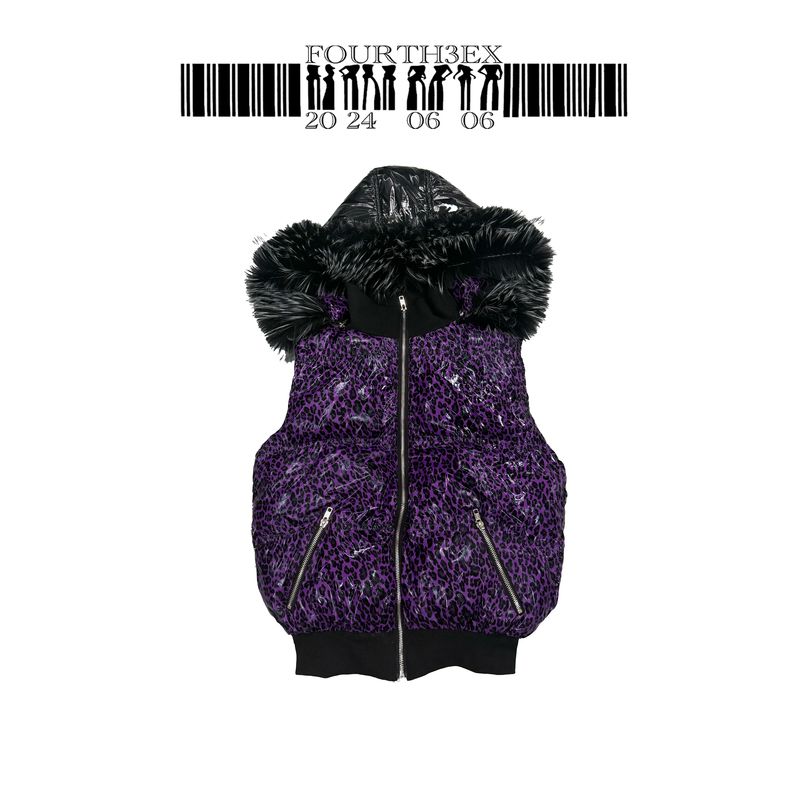Fourth3Ex Subculture Leopard Print Fur Collar Hooded Vest Jacket for Men, Autumn and Winter, Lightweight Thickened Sleeveless Waistcoat