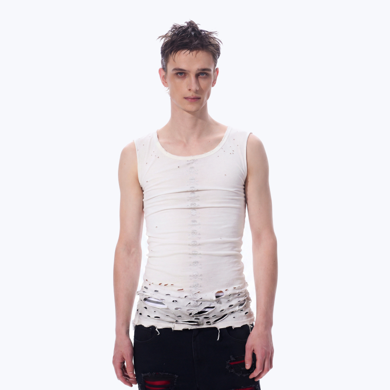 Fourth3Ex Subculture Skull Print Vest for Men, Light Street Style Ripped Sleeveless Top for Boys