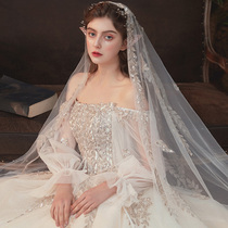 Letty Ruofour wear2021 new word shoulder bandeau wedding dress bridal temperament tail small dress long-sleeved woman