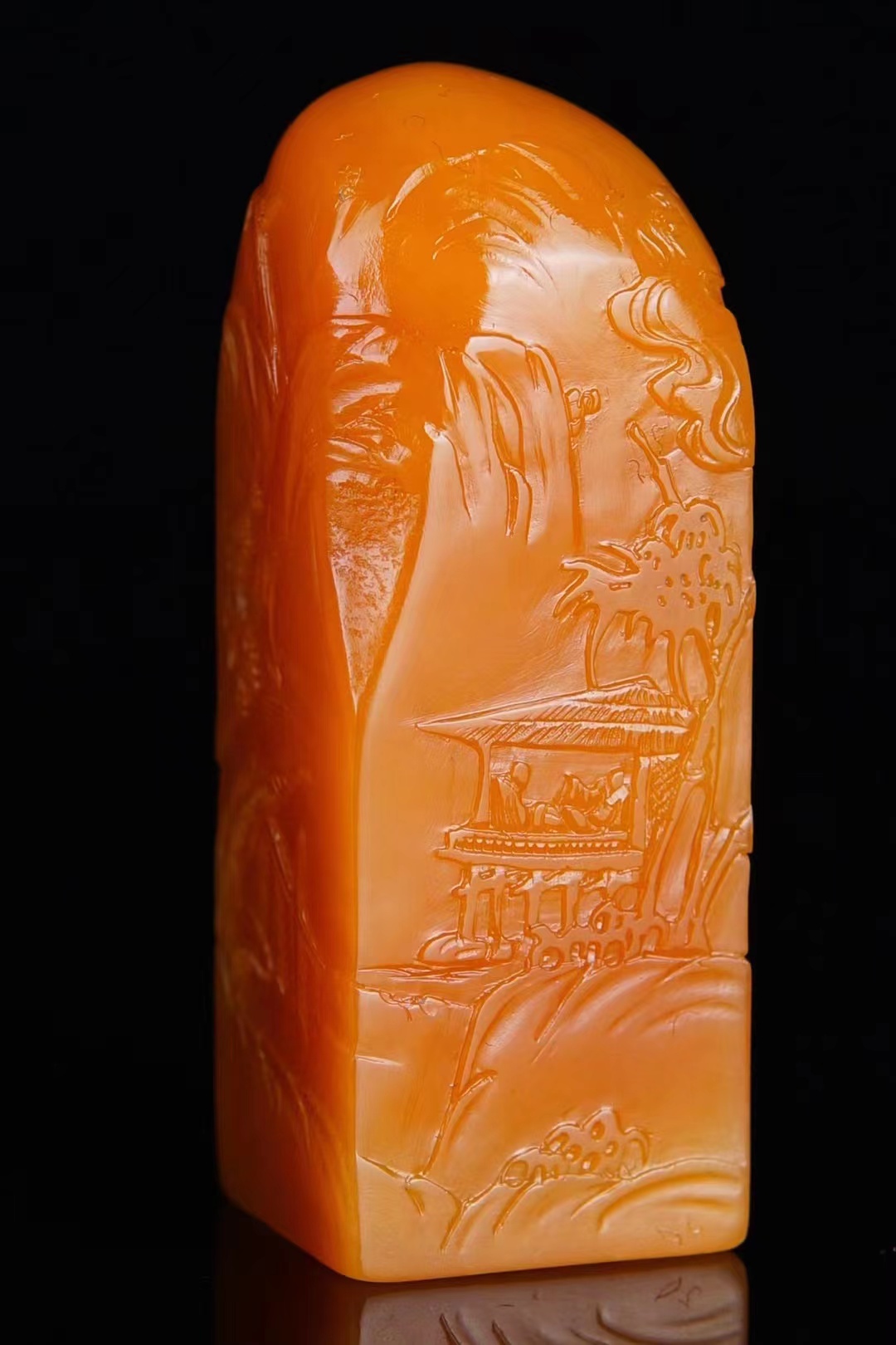 清・王平如款・古寿山石・田黄石彫・仏手靈芝鈕印章』極細工 古賞