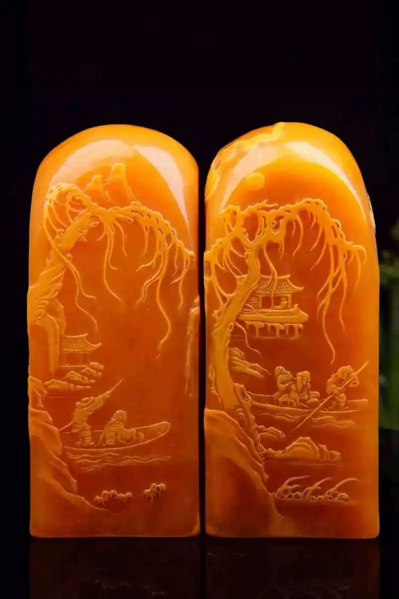 寿山石田黄薄意雕刻印章与山水摆件篆刻收藏-Taobao-Tmall