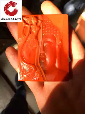 Natural South Red Agate Chuan material Persimmon Red has a lady's tag and Monk worship the Buddha's carvings high above