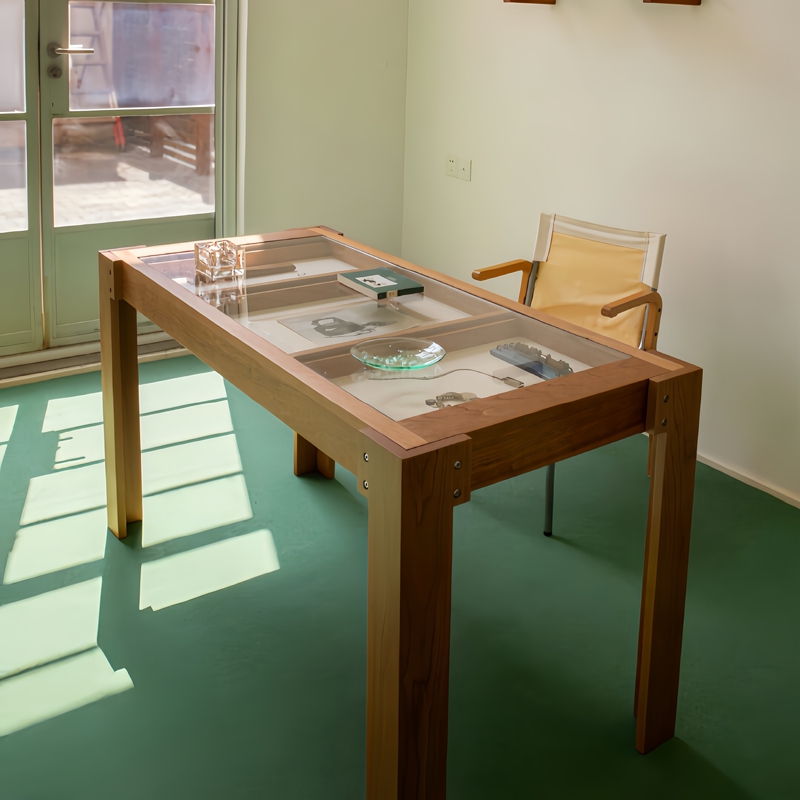 Modern Simple Cherry Wood Glass Display Desk with Drawers for Home Small Apartment Study Desk Office Desk