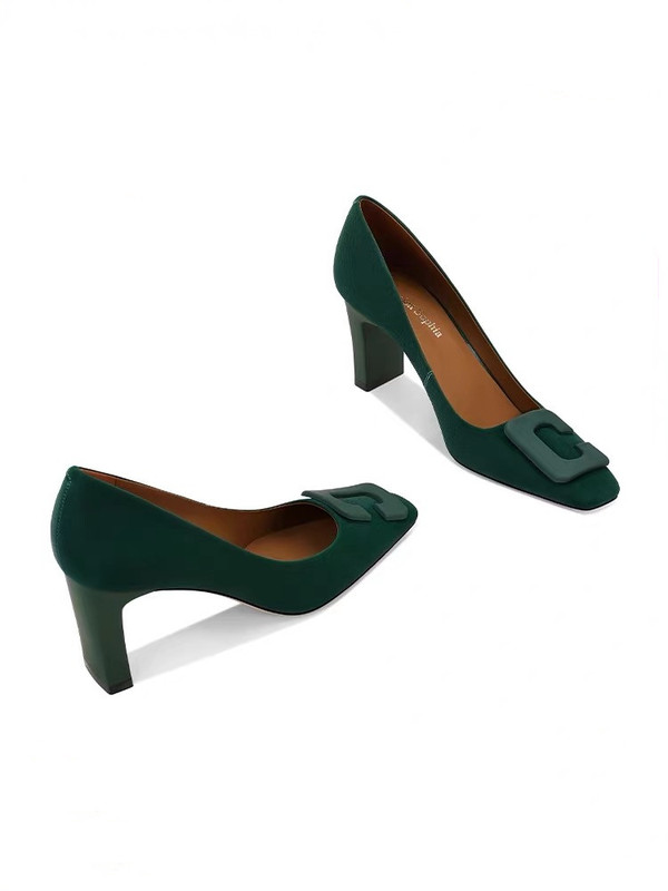 Genuine Leather Green High-Heeled Shoes for Women, Chunky Heel, 2026 Spring and Autumn New Style, French Retro Square Toe, Shallow Mouth, Elegant Socialite Single Shoes