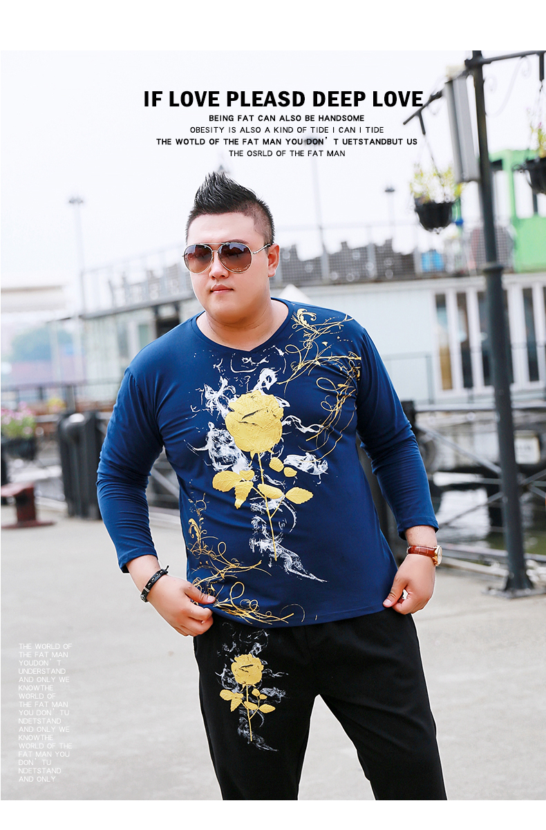 Tide thương hiệu người đàn ông béo cộng với phân bón XL mùa thu tay áo dài nam cổ chữ V áo thun béo lớn thêm lớn cơ thể người béo cộng với nhung đồ nam đẹp