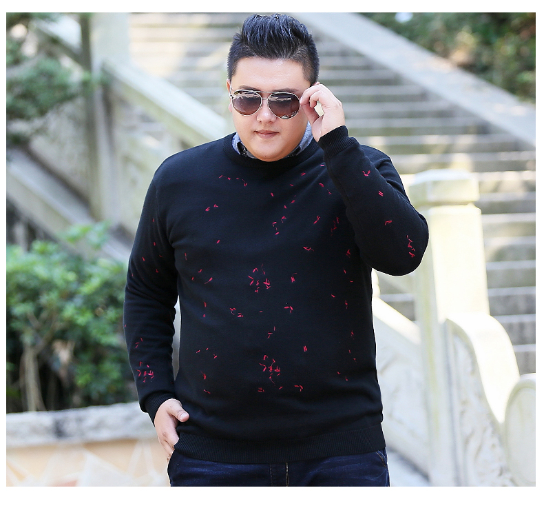 Hao Lange cộng với phân bón XL nam dài tay áo len cổ tròn chất béo áo len phân bón đặc biệt thêm áo len rộng lớn - Áo len áo len cổ tim nam