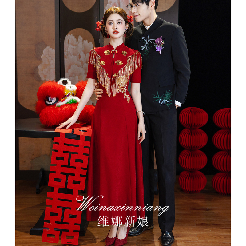 2026 New Style Toast Dress for the Bride, Tassel Engagement Dress, Long Burgundy Dress with a High-End Feel, Homecoming Casual Wear