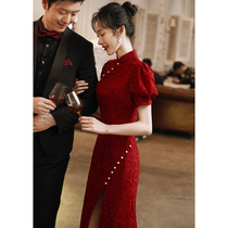 Cheongsam toast bride 2021 new autumn little man Chinese wedding engagement red dress dress dress