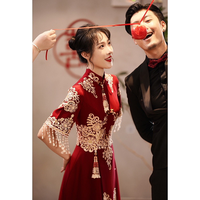 Chinese toast to brides 2021 new advanced senses engagement wine red show and wedding gown dress women