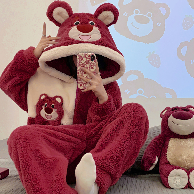 One-Piece Pajamas for Women, Coral Velvet, Winter Style, Fleece-Lined, Thickened, Cute Cartoon, Warm, Hooded, Suitable for Students, Can Be Worn Outside, Loungewear