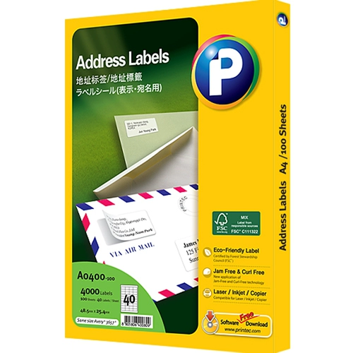 Printec A0400-100 Печатная метка безпроницаемой адреса Адреса A4 100 Фотографии/пакет