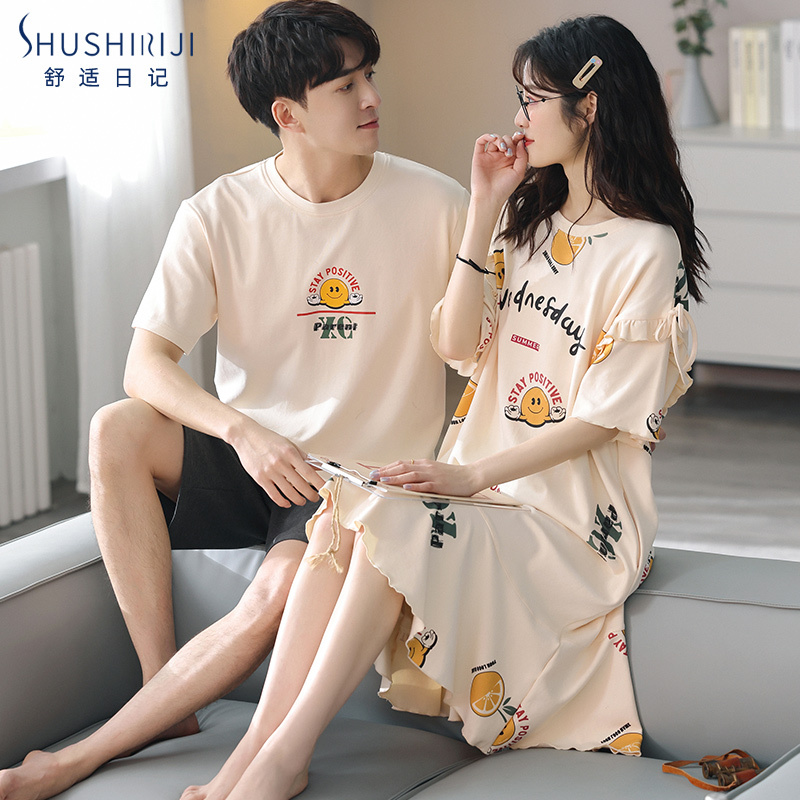 Couple's Pajamas, Summer Pure Cotton Thin Short-Sleeved Nightgown, Sweet and Cute Home Clothes for Women, Men Can Wear It Outside, All-Cotton Set