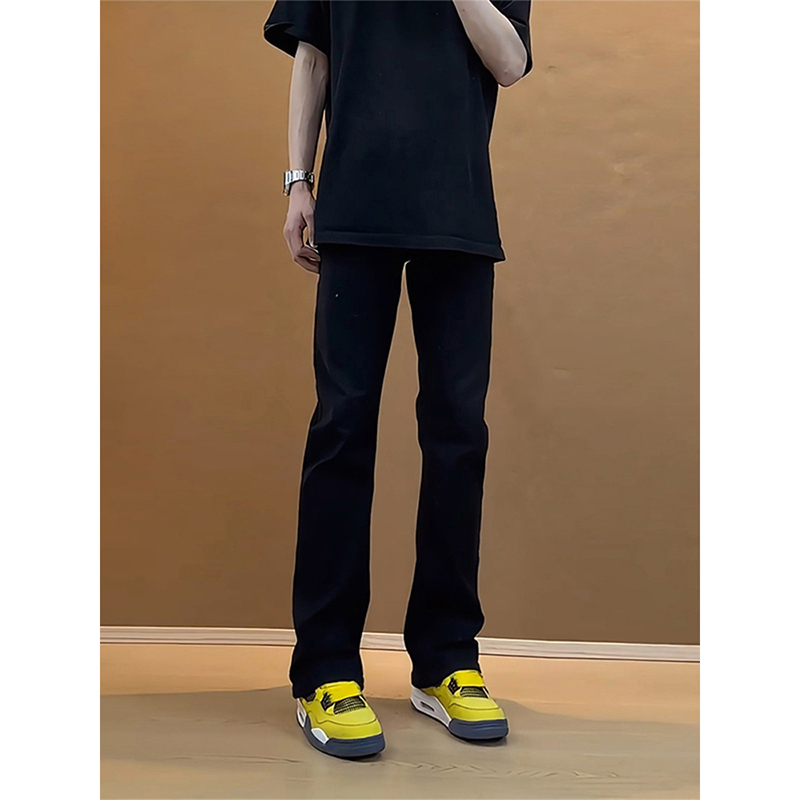 Black Willow Leaf Curved Hem Jeans for Men, Trendy Slim Fit Straight Pants, American High Street Vibe Style Flared Pants