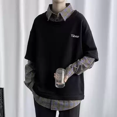 High-end sense of shirt Men's light luxury niche design sense of salt Japanese fake two-piece stacked clothes couple fried street sweater