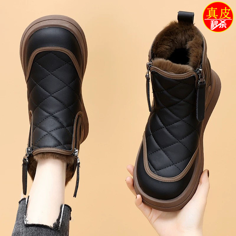 Брендовые кожаные зимние ботинки; женские универсальные ботинки на меху; коллекция 2025 года; новинка зимы; теплая хлопковая обувь на плоской подошве с утолщенной подошвой из бархата