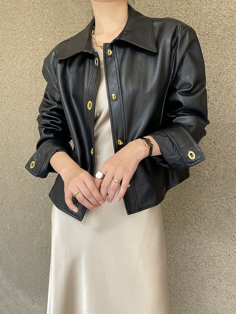 товар из китая masa法式小金扣翻领皮衣外套短设计感小众2022秋休闲酷飒机车外套 OTHER
