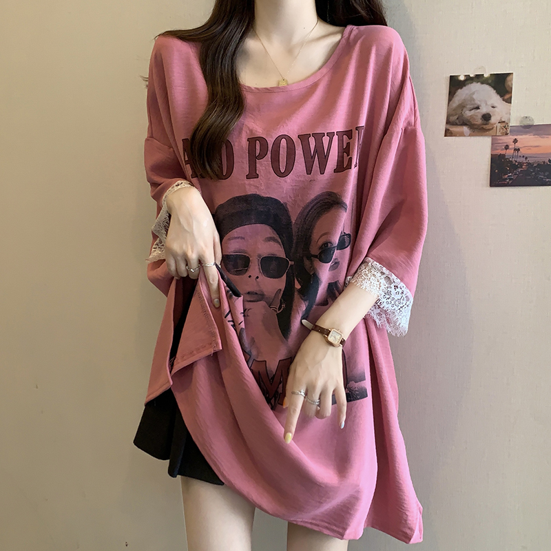 Plus-Size Fashionable Printed Lace Patchwork Short-Sleeve T-Shirt for Women in Summer, Slimming Mid-Length Top That Covers the Hips for Chubby Girls