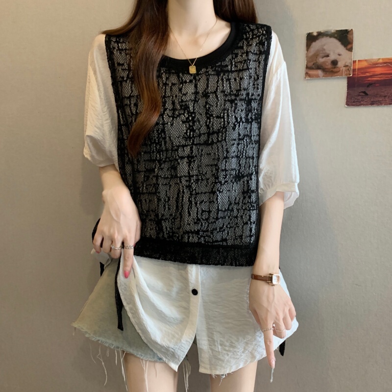 Plus-Size Lace Vest with Fake Two-Piece Short-Sleeve Shirt for Women, Summer Loose Fit to Hide Belly and Look Slimming
