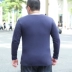 Mùa thu đông thương hiệu cộng với size áo thun nam tay dài cộng với chất béo cộng với size cổ chữ V màu xanh nước biển đáy quần kẻ béo - Áo phông dài