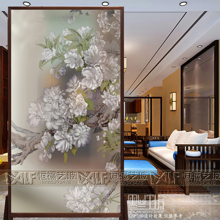 Art Glass Background Wall Partition Screen Xuanguan Living Room Modern Minimalist Carved Frosted Craftsmanship Glass Peony Flowers