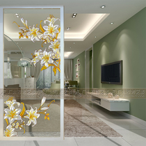 Art glass background wall screen partition simple style push-pull door porch background living room carving white orchid