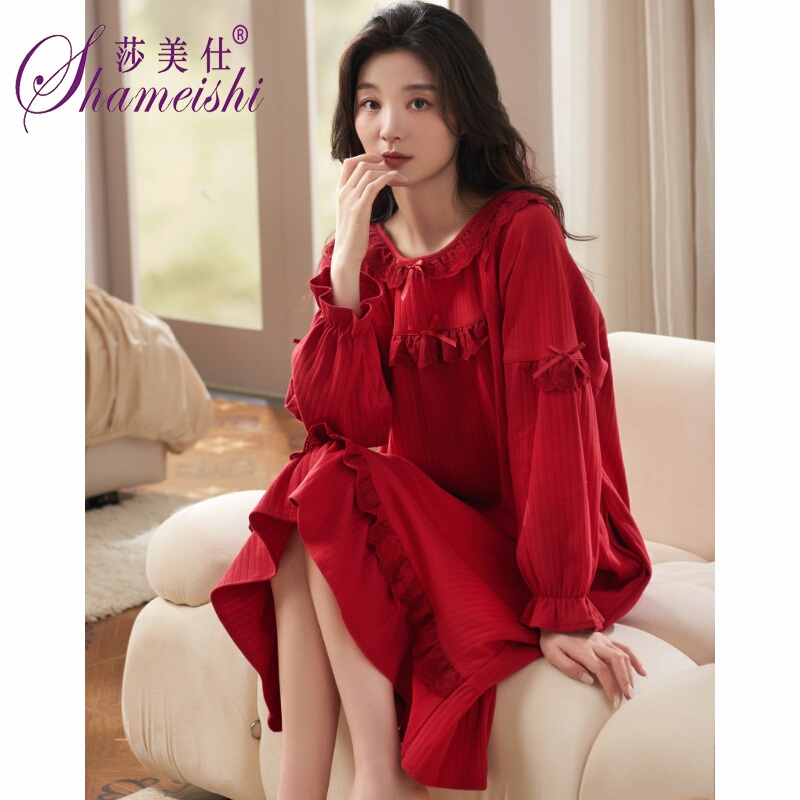 Red Nightgown for Women, Spring and Autumn 2026 New Festive Pure Cotton Long-Sleeved Pajamas, High-End Wedding Dress