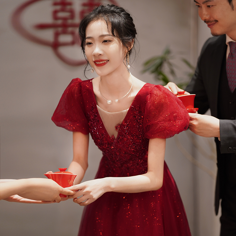 Toast Dress Bride 2022 New Summer Wedding Appreciation Banquet Wedding Dress Women's Return Door Long Spring and Autumn Wine Red