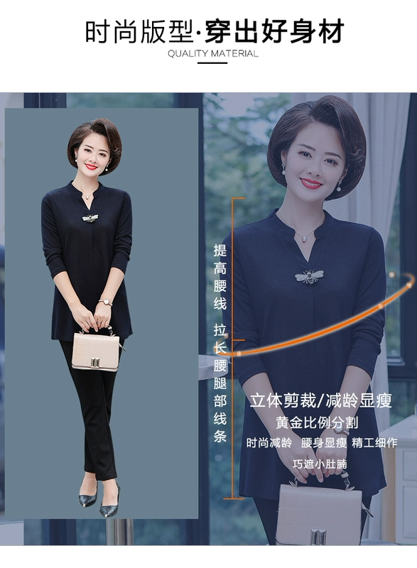 Áo sơ mi dài tay mùa xuân và mùa thu mới cho mẹ 2019 Áo sơ mi cổ chữ V 40-50 tuổi ở giữa áo sơ mi nữ trung niên cũ - Quần áo của mẹ