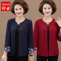 Mother Knitted Cardigan Long Sleeve base shirt Middle Aged Women Embroidered Coat T-shirt 40 Years Old 50