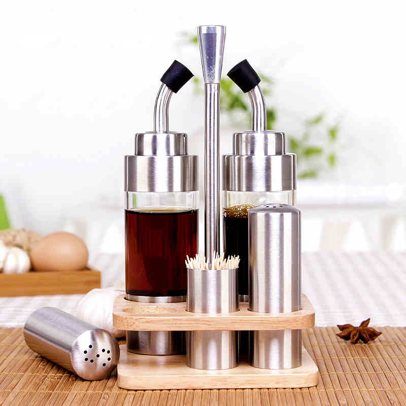 Wood Seat 304 Stainless Steel Glass Seasoning Jar High Boron Silicon Acrylic Seasoning Home Commercial Sauce Bottle Suit